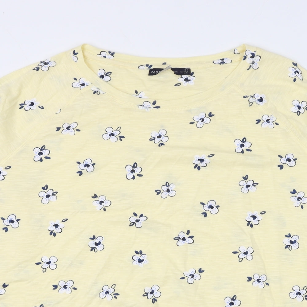 Marks and Spencer Womens Yellow Floral Cotton Basic T-Shirt Size 20 Round Neck