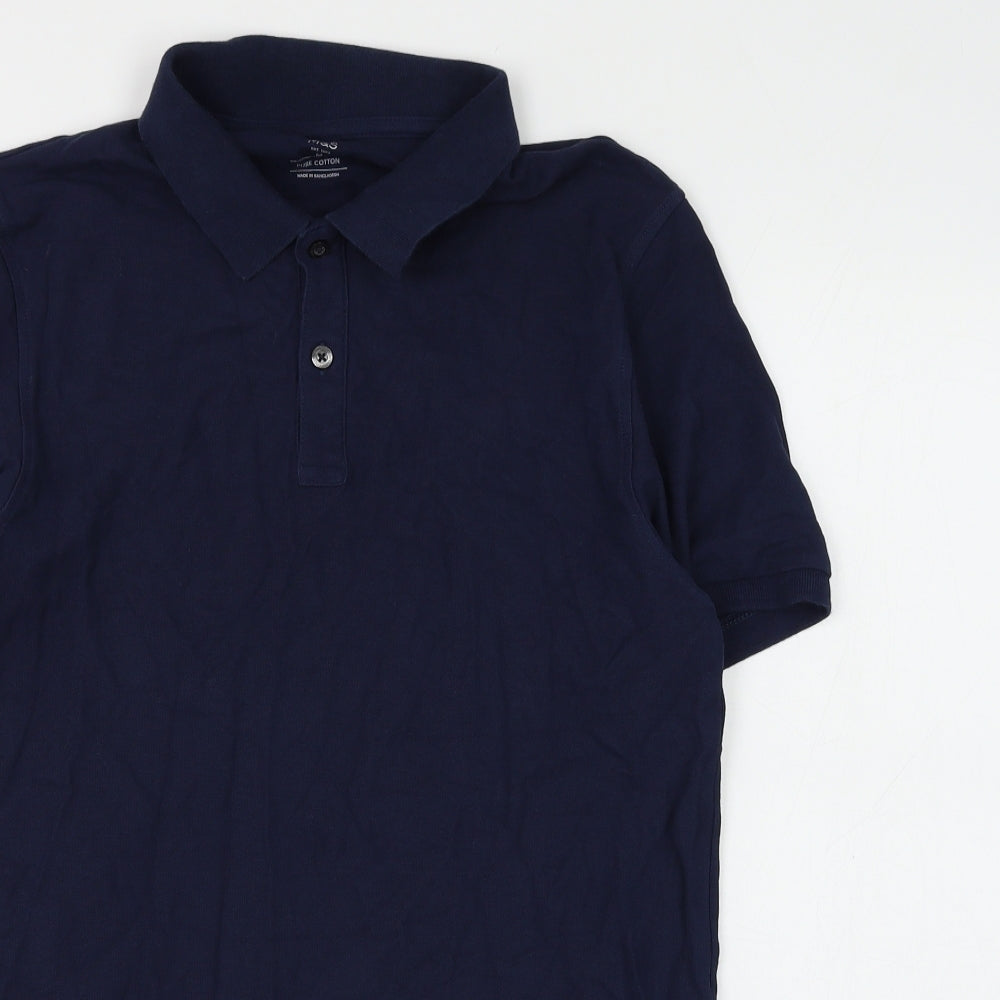 Marks and Spencer Mens Blue Cotton Polo Size M Collared Button