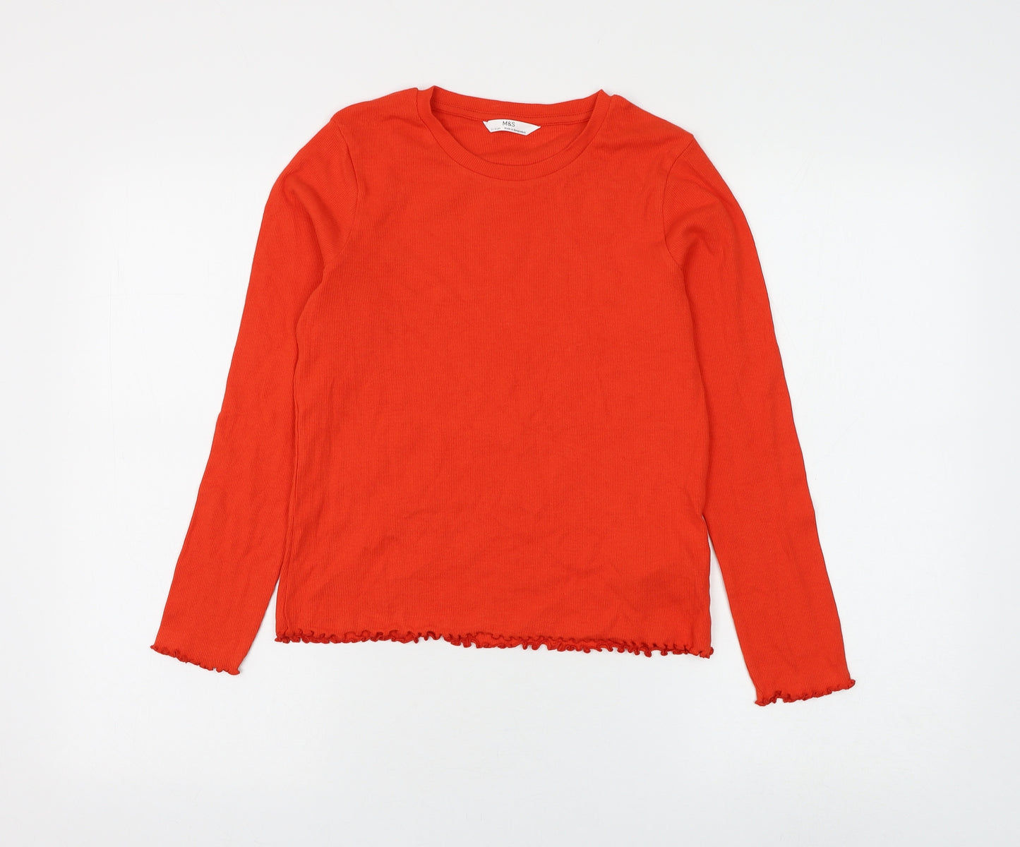 Marks and Spencer Girls Red Cotton Basic T-Shirt Size 11-12 Years Round Neck Pullover - Lettuce Hem