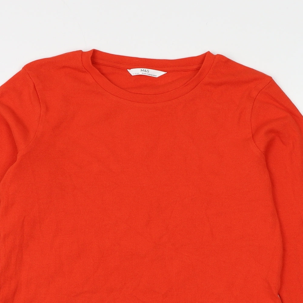 Marks and Spencer Girls Red Cotton Basic T-Shirt Size 11-12 Years Round Neck Pullover - Lettuce Hem