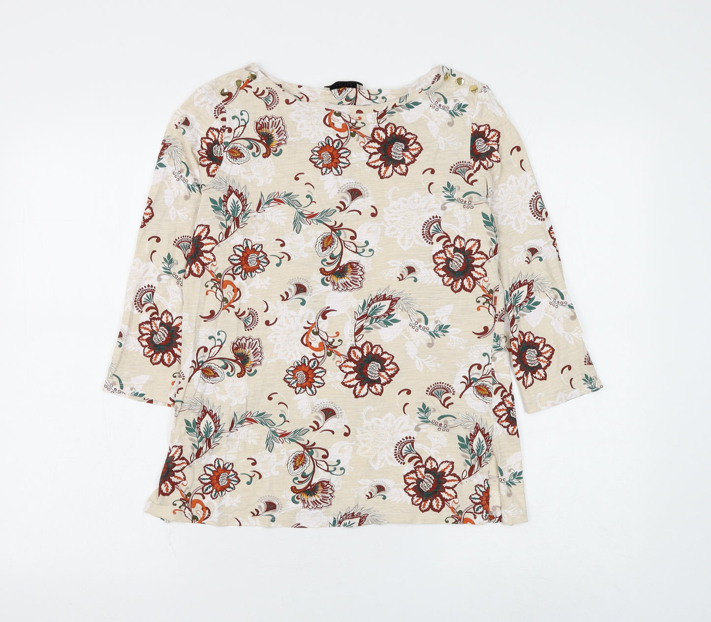 Marks and Spencer Womens Beige Floral Cotton Basic T-Shirt Size 10 Round Neck