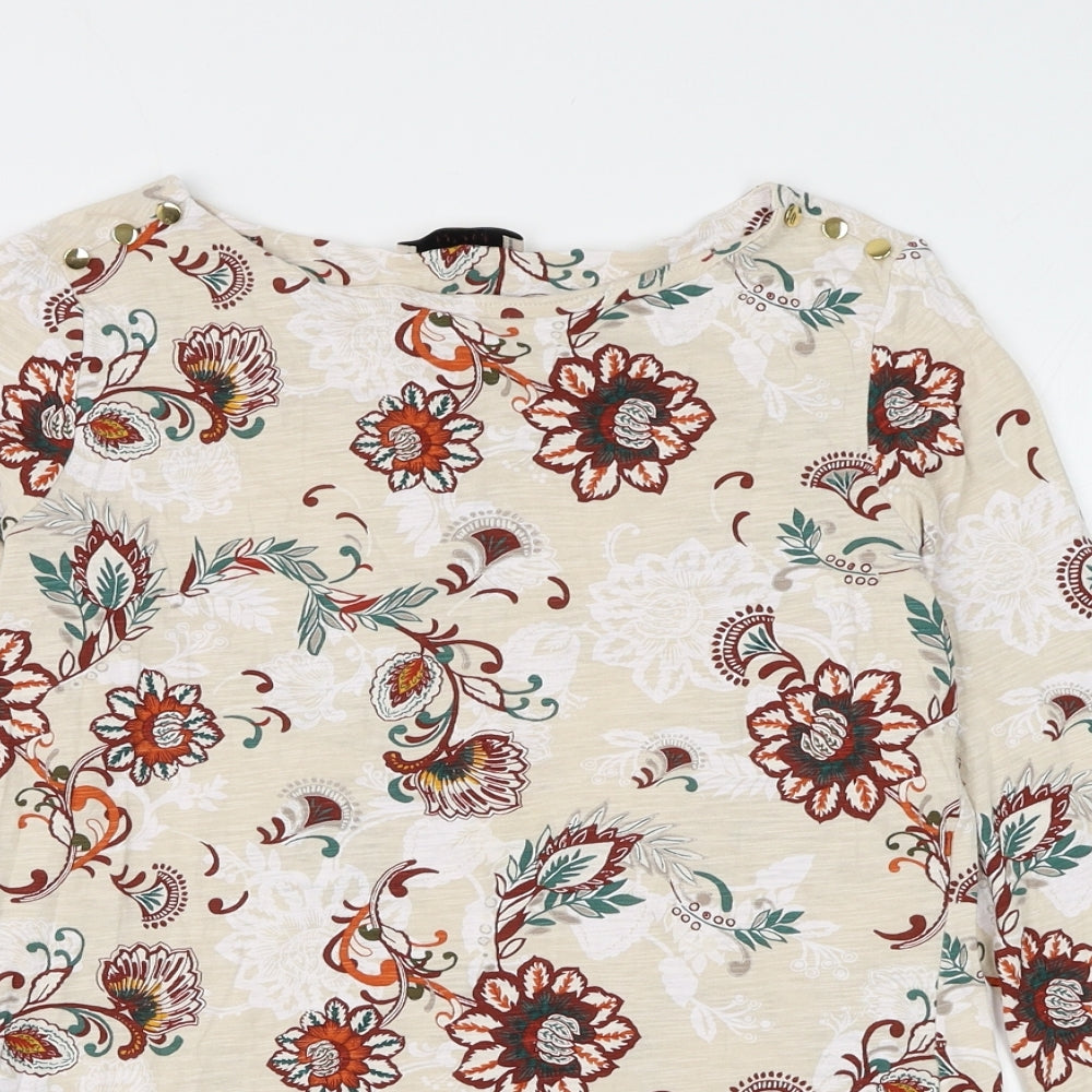 Marks and Spencer Womens Beige Floral Cotton Basic T-Shirt Size 10 Round Neck