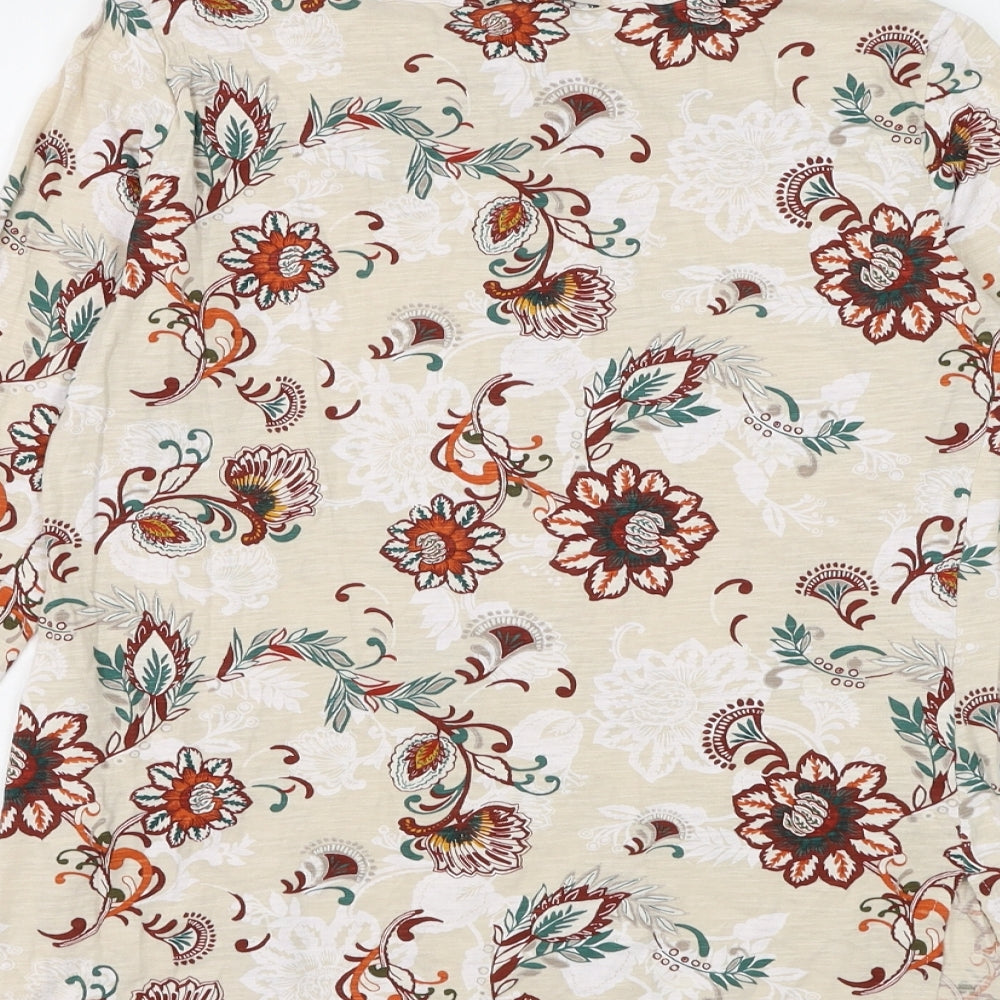 Marks and Spencer Womens Beige Floral Cotton Basic T-Shirt Size 10 Round Neck