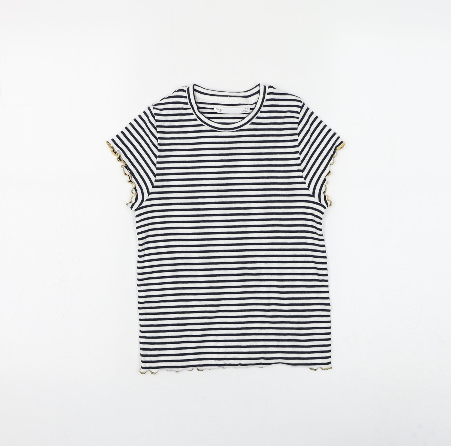 Marks and Spencer Girls White Striped Cotton Basic T-Shirt Size 7-8 Years Round Neck Pullover - Lettuce Hem