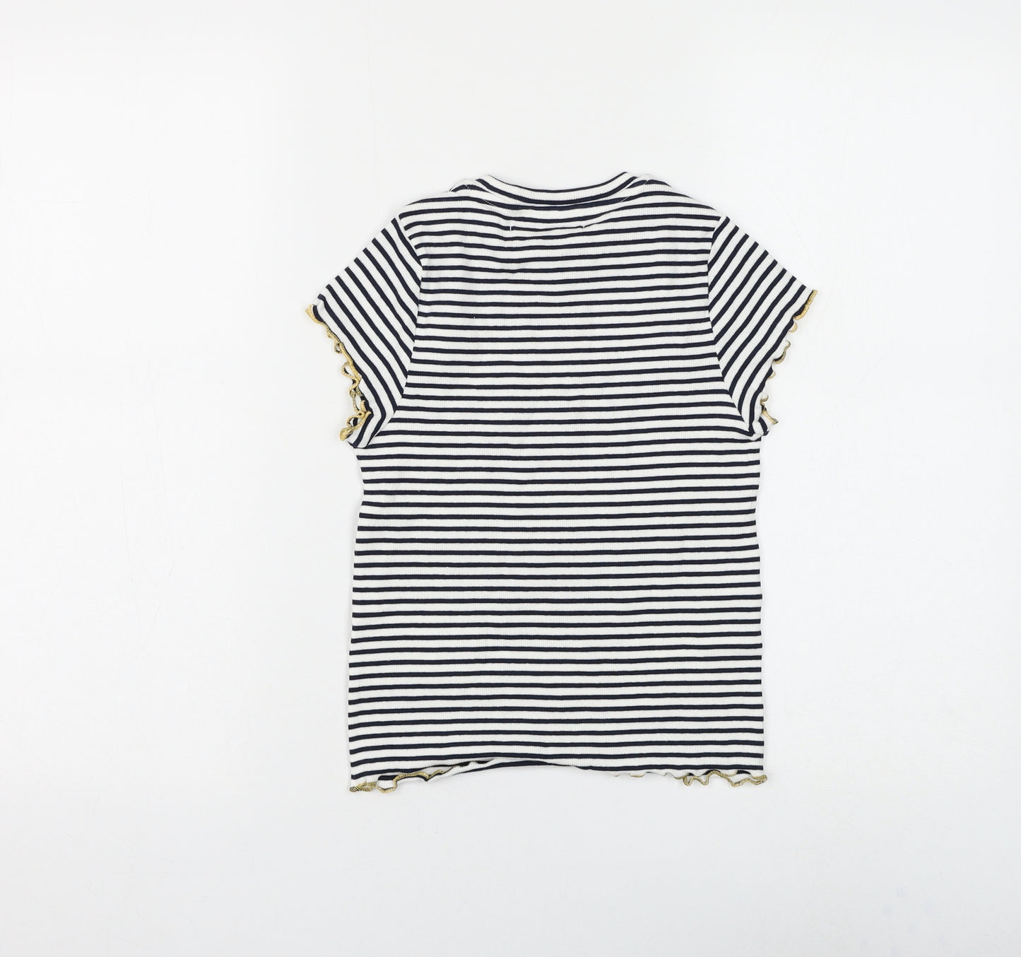 Marks and Spencer Girls White Striped Cotton Basic T-Shirt Size 7-8 Years Round Neck Pullover - Lettuce Hem