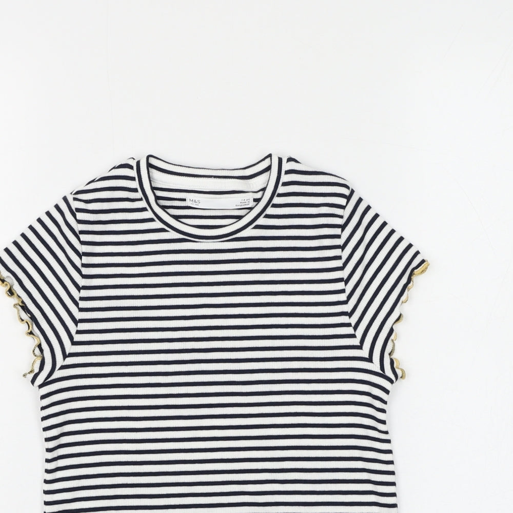 Marks and Spencer Girls White Striped Cotton Basic T-Shirt Size 7-8 Years Round Neck Pullover - Lettuce Hem