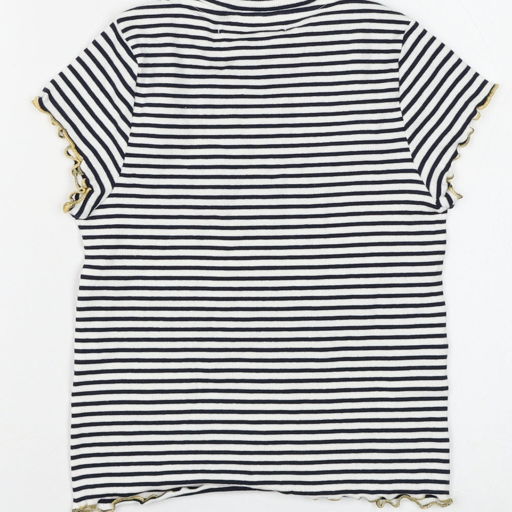 Marks and Spencer Girls White Striped Cotton Basic T-Shirt Size 7-8 Years Round Neck Pullover - Lettuce Hem