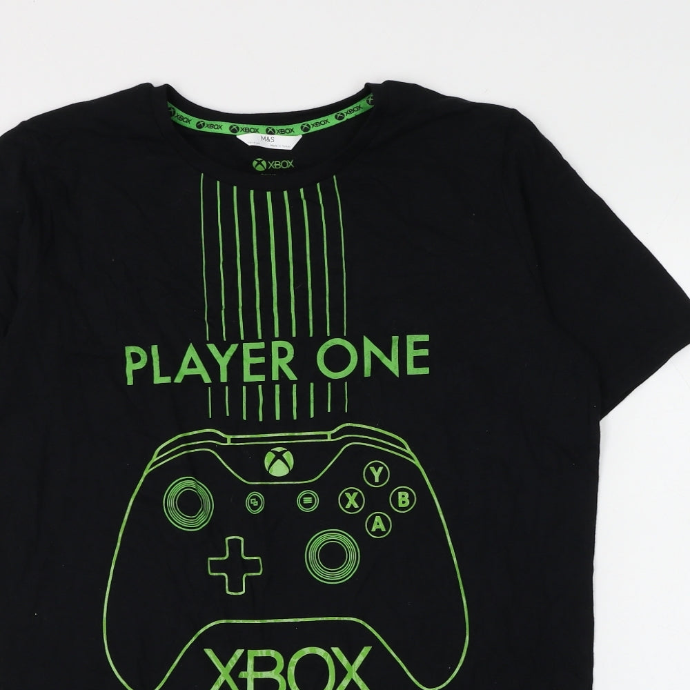 Marks and Spencer Boys Black Cotton Basic T-Shirt Size 15-16 Years Round Neck Pullover - XBOX