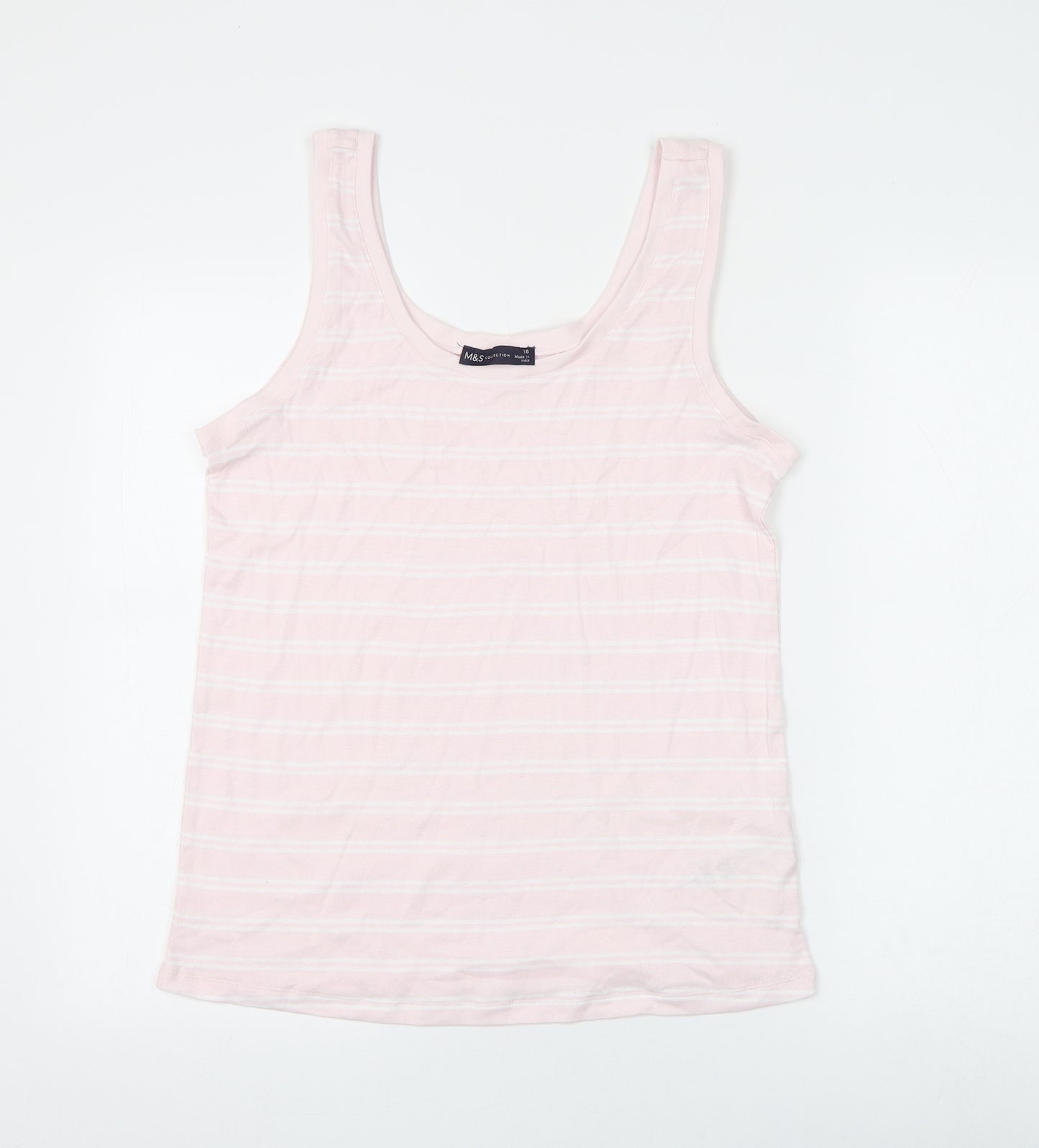Marks and Spencer Womens Pink Striped Cotton Basic Tank Size 16 Round Neck