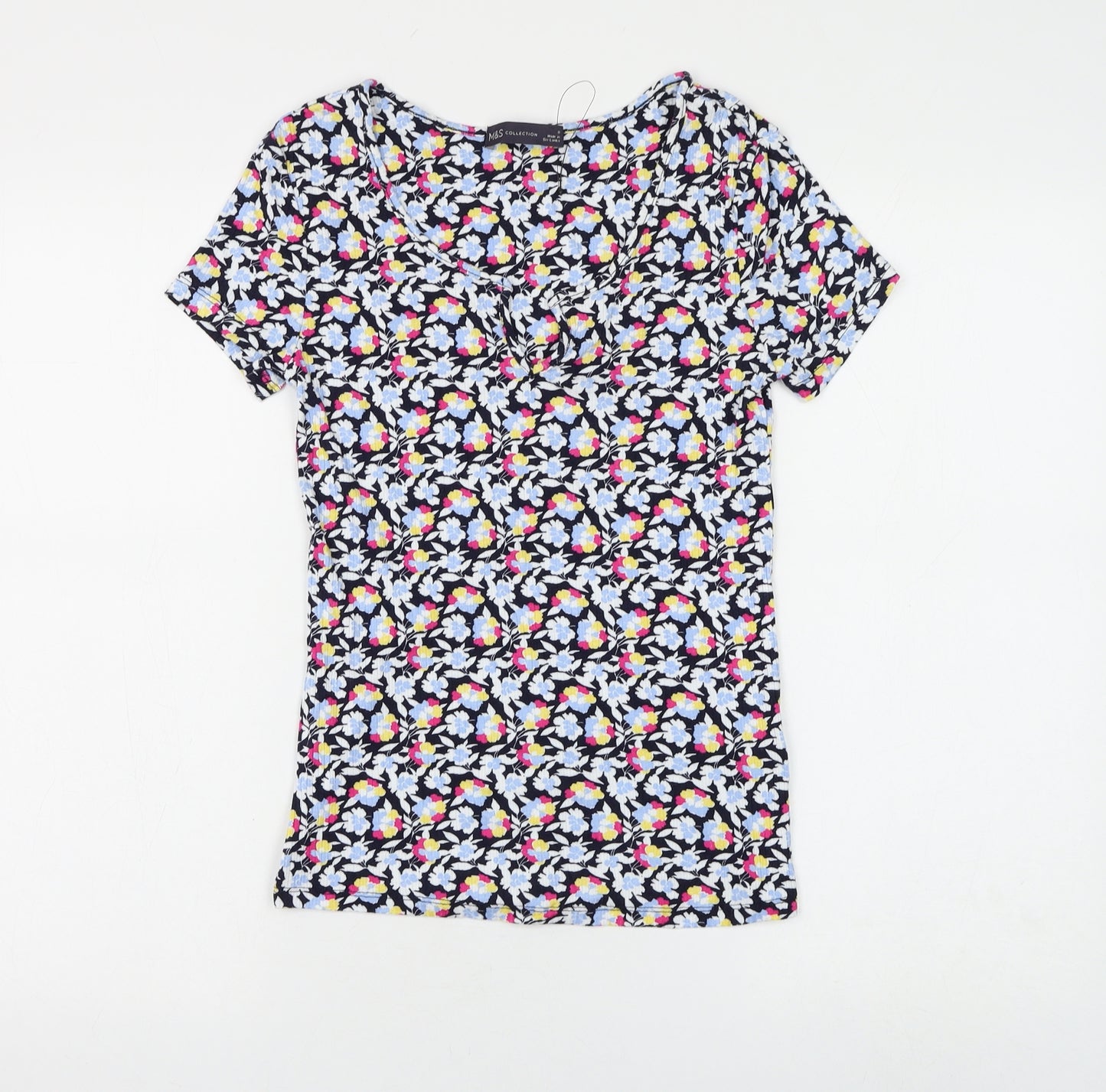 Marks and Spencer Womens Blue Floral Viscose Basic T-Shirt Size 8 V-Neck