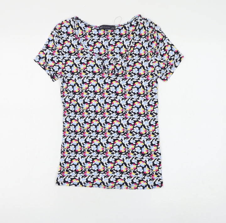 Marks and Spencer Womens Blue Floral Viscose Basic T-Shirt Size 8 V-Neck