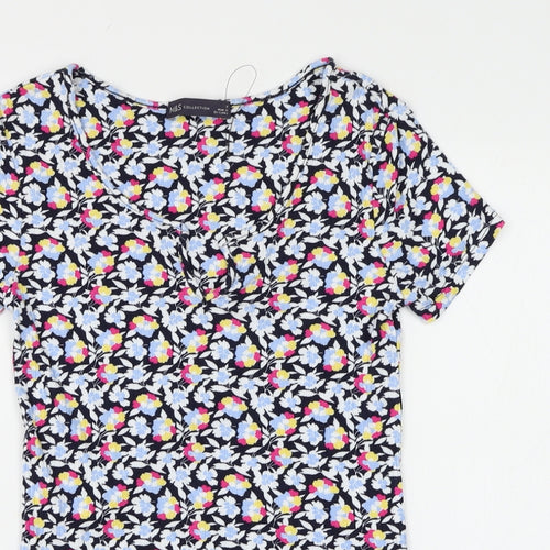 Marks and Spencer Womens Blue Floral Viscose Basic T-Shirt Size 8 V-Neck