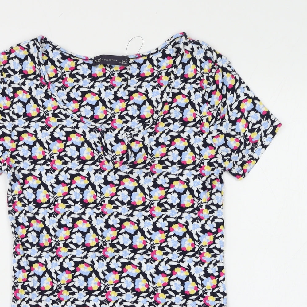 Marks and Spencer Womens Blue Floral Viscose Basic T-Shirt Size 8 V-Neck