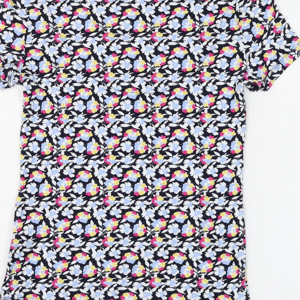 Marks and Spencer Womens Blue Floral Viscose Basic T-Shirt Size 8 V-Neck