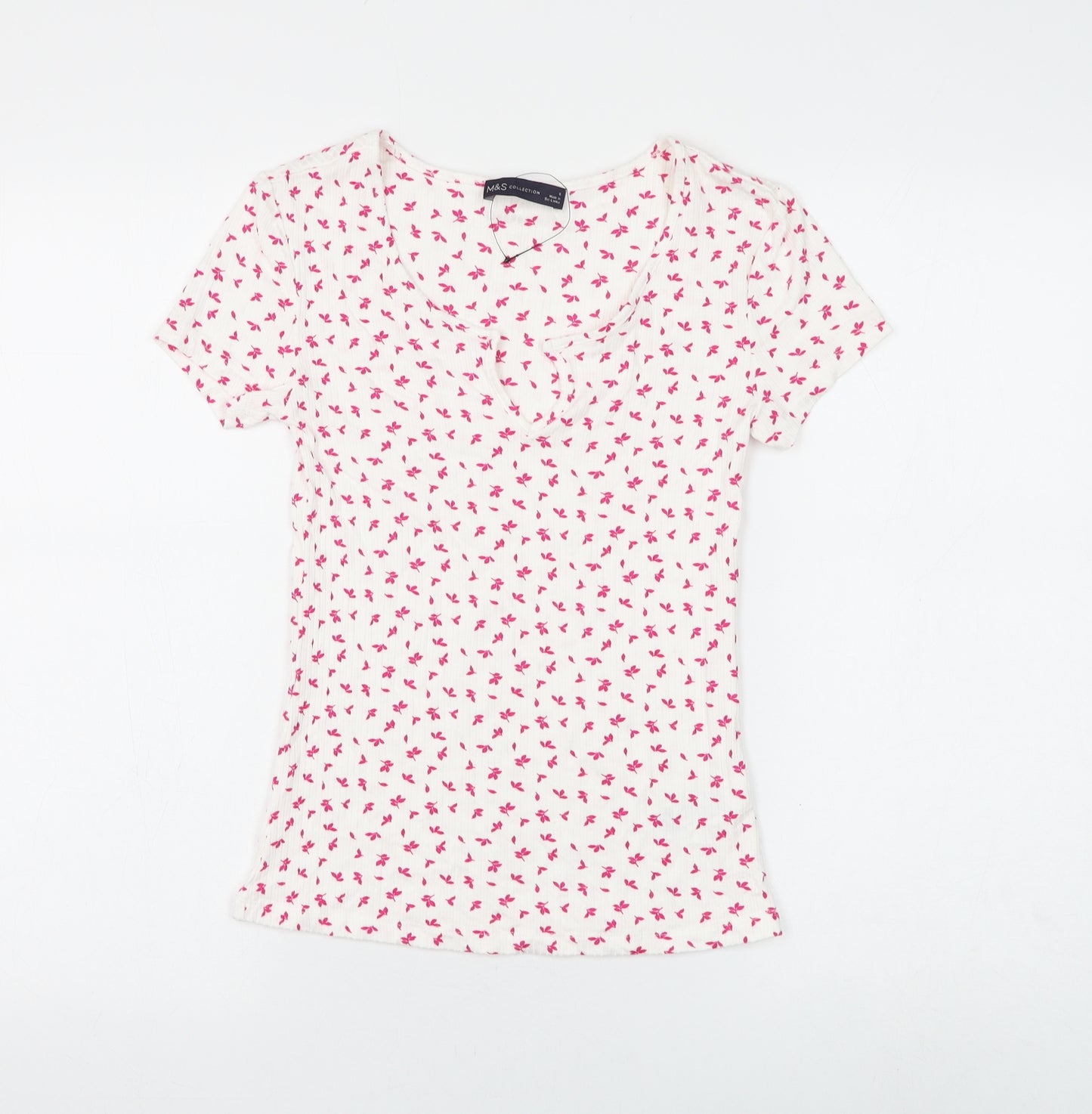 Marks and Spencer Womens White Floral Viscose Basic T-Shirt Size 6 V-Neck