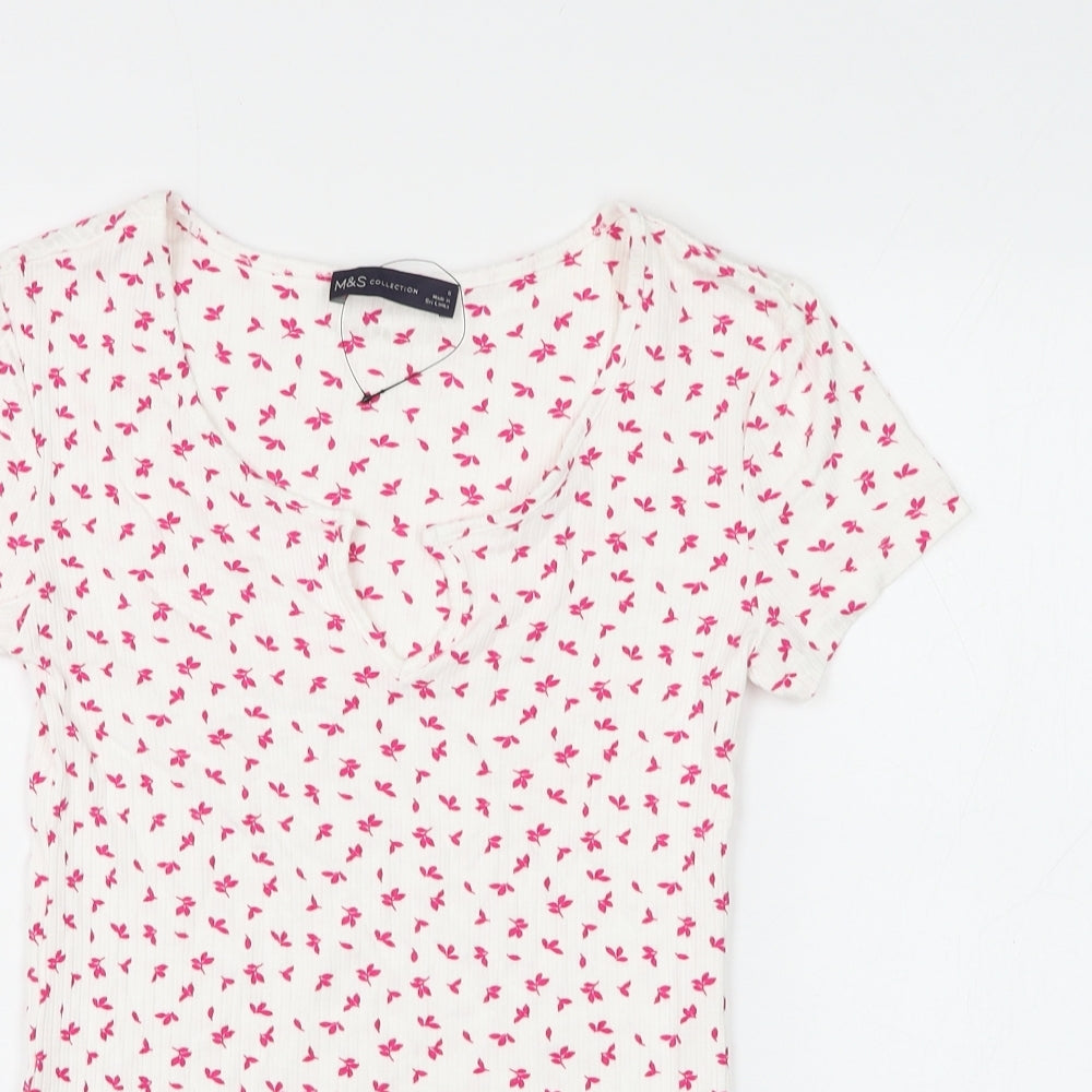 Marks and Spencer Womens White Floral Viscose Basic T-Shirt Size 6 V-Neck