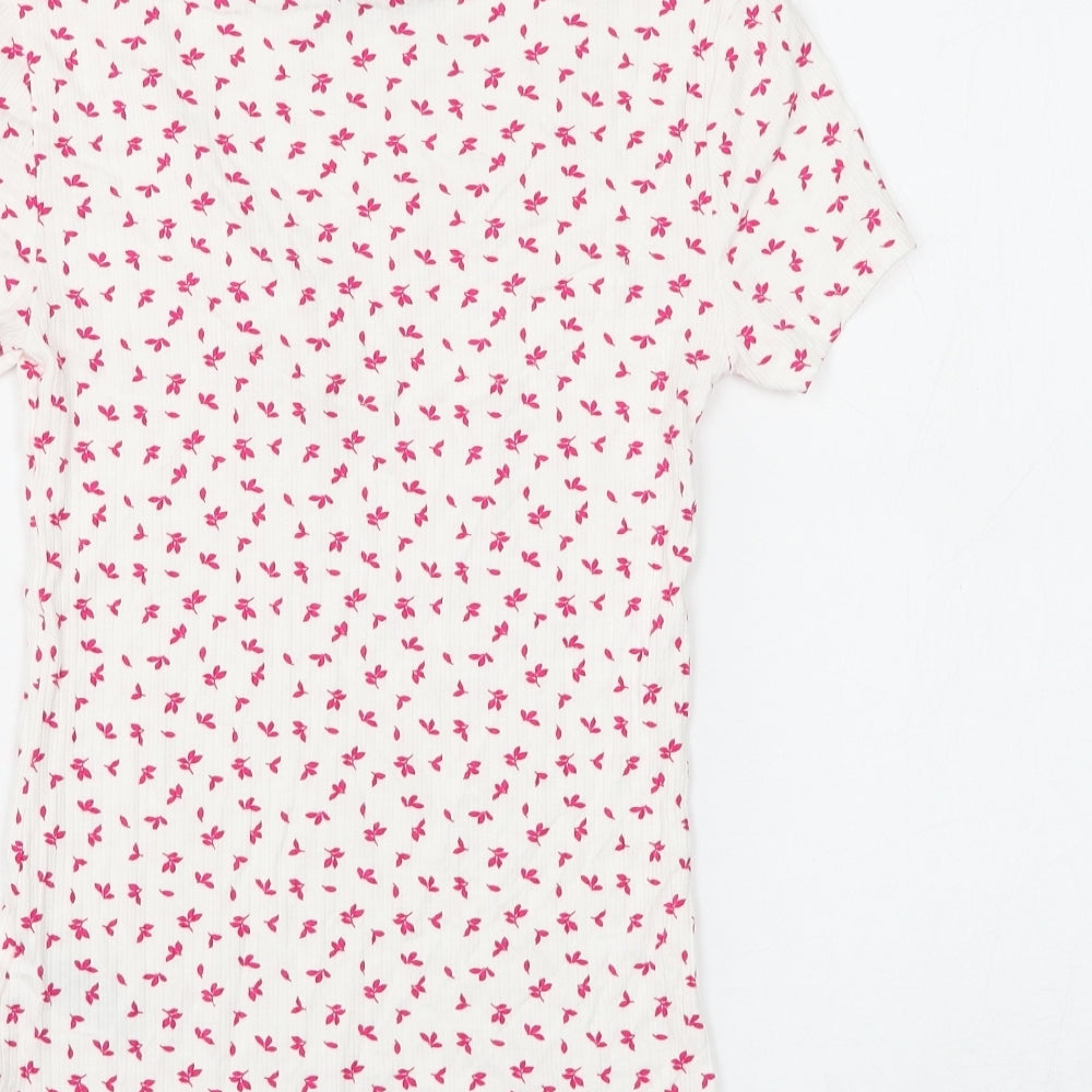 Marks and Spencer Womens White Floral Viscose Basic T-Shirt Size 6 V-Neck