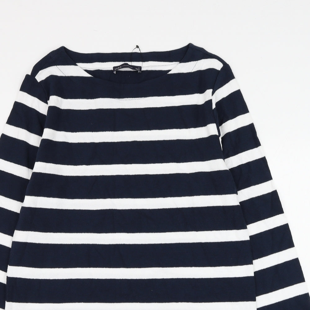Marks and Spencer Womens Blue Boat Neck Striped Cotton Pullover Jumper Size 10