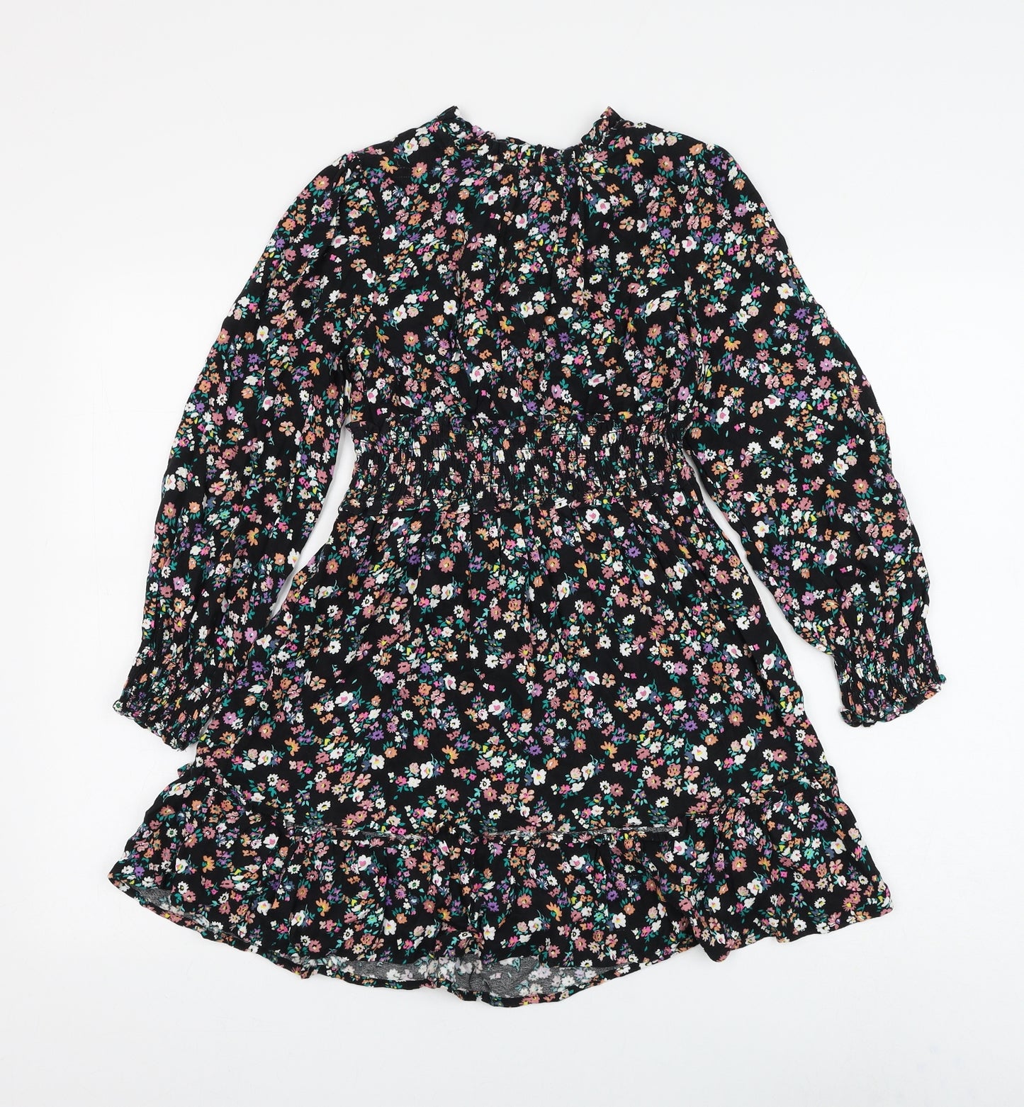 Marks and Spencer Girls Black Floral Viscose Skater Dress Size 9-10 Years Round Neck Button
