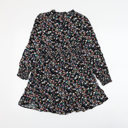 Marks and Spencer Girls Black Floral Viscose Skater Dress Size 9-10 Years Round Neck Button