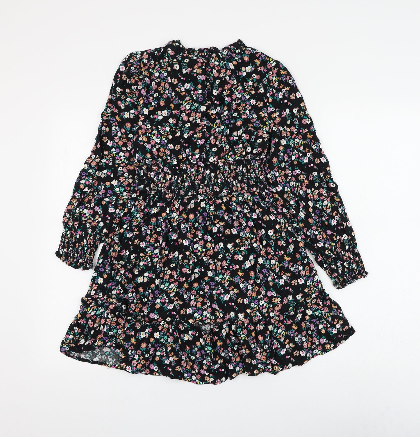 Marks and Spencer Girls Black Floral Viscose Skater Dress Size 9-10 Years Round Neck Button