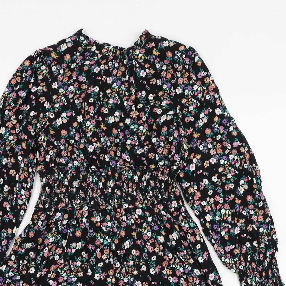 Marks and Spencer Girls Black Floral Viscose Skater Dress Size 9-10 Years Round Neck Button
