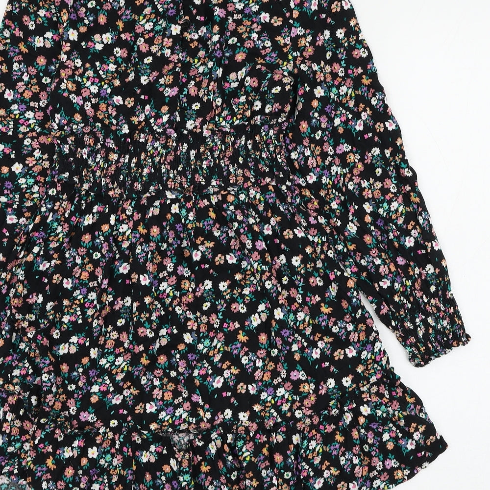 Marks and Spencer Girls Black Floral Viscose Skater Dress Size 9-10 Years Round Neck Button