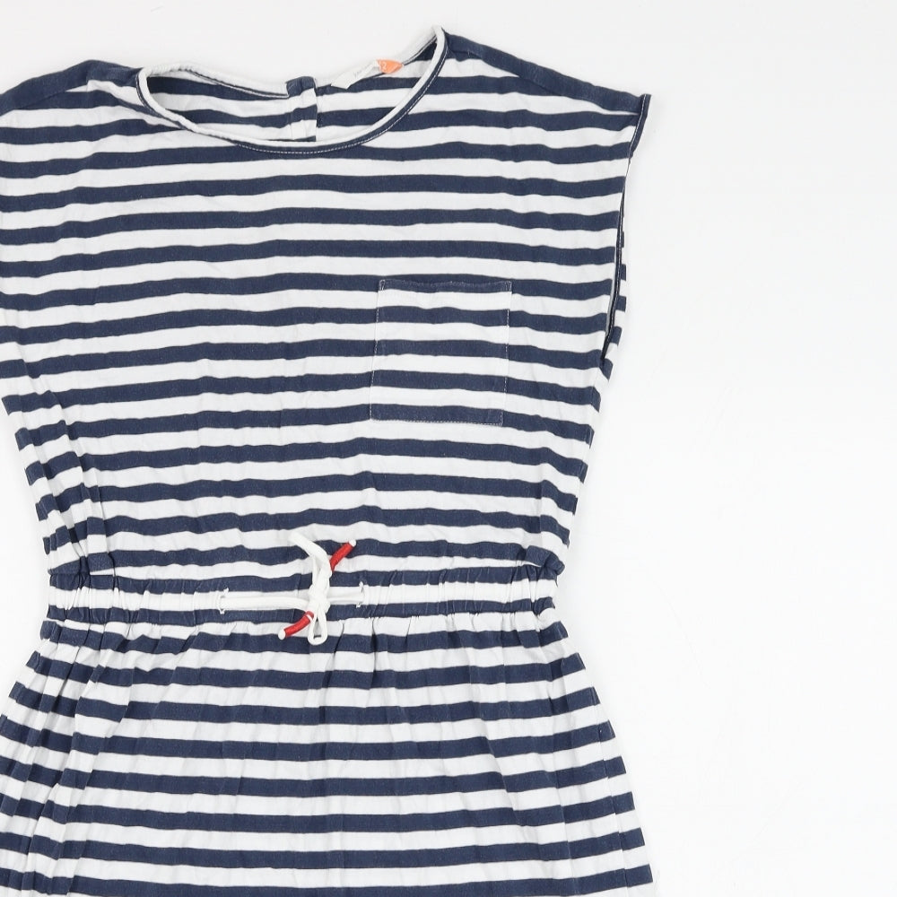 John Lewis Womens Blue Striped Cotton Shift Size 12 Round Neck Button