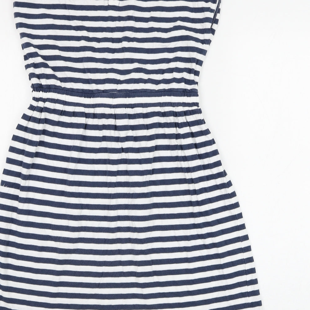 John Lewis Womens Blue Striped Cotton Shift Size 12 Round Neck Button