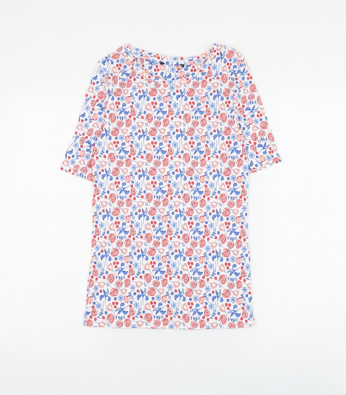 Preworn Womens White Floral Polyester Basic T-Shirt Size 6 Round Neck