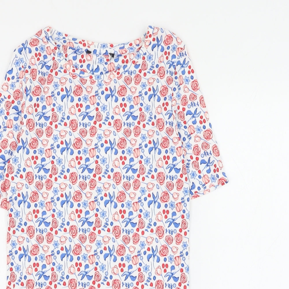 Preworn Womens White Floral Polyester Basic T-Shirt Size 6 Round Neck