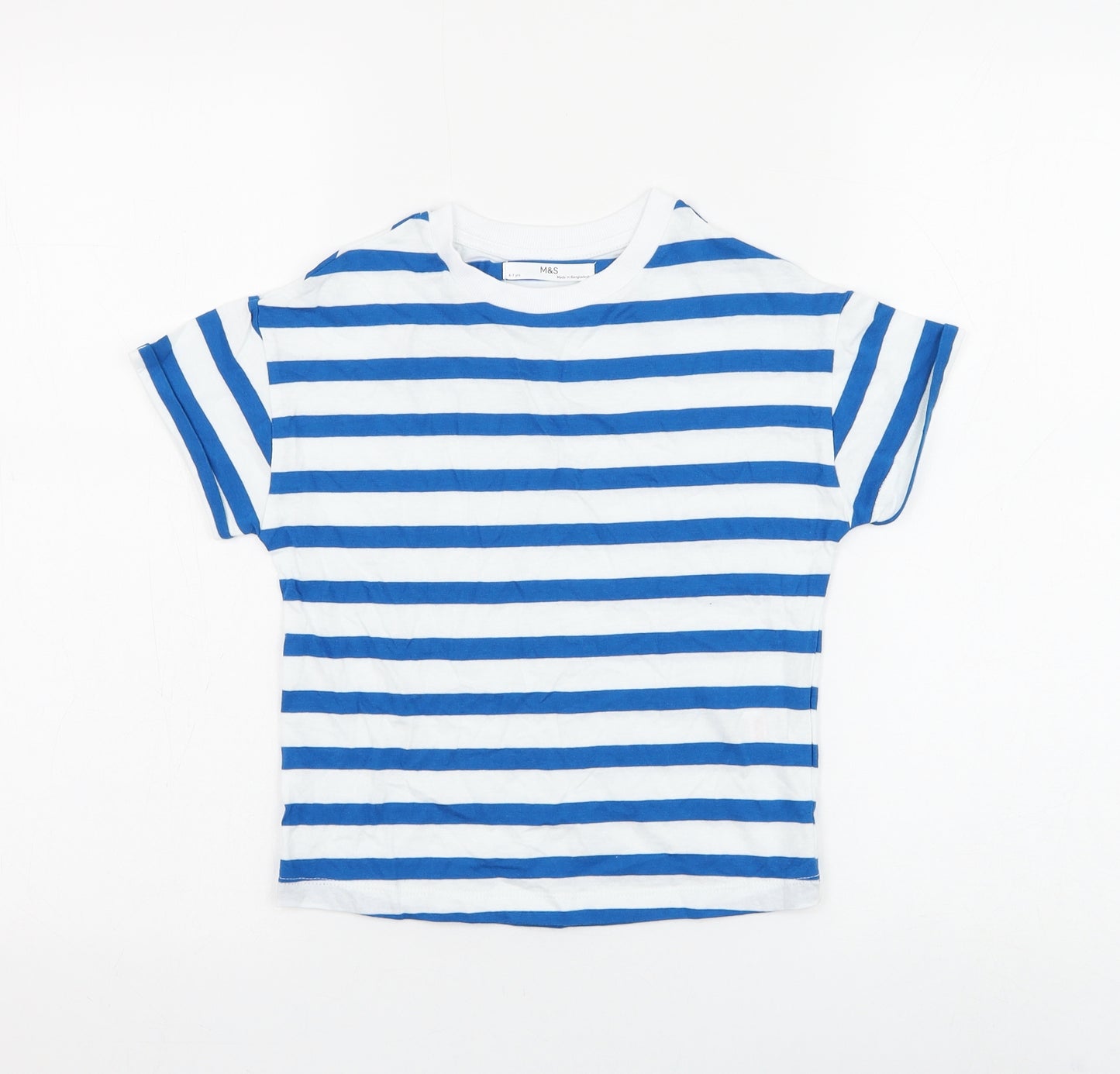 Marks and Spencer Boys White Striped Cotton Basic T-Shirt Size 6-7 Years Round Neck Pullover