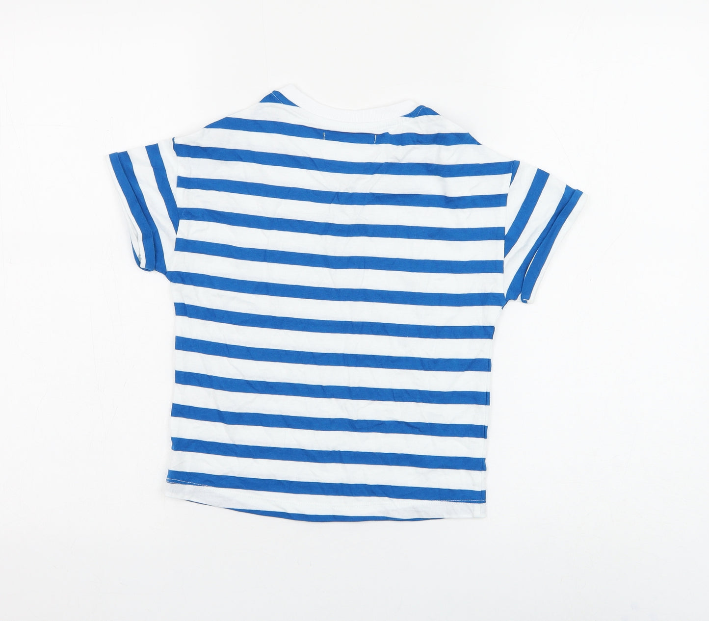 Marks and Spencer Boys White Striped Cotton Basic T-Shirt Size 6-7 Years Round Neck Pullover