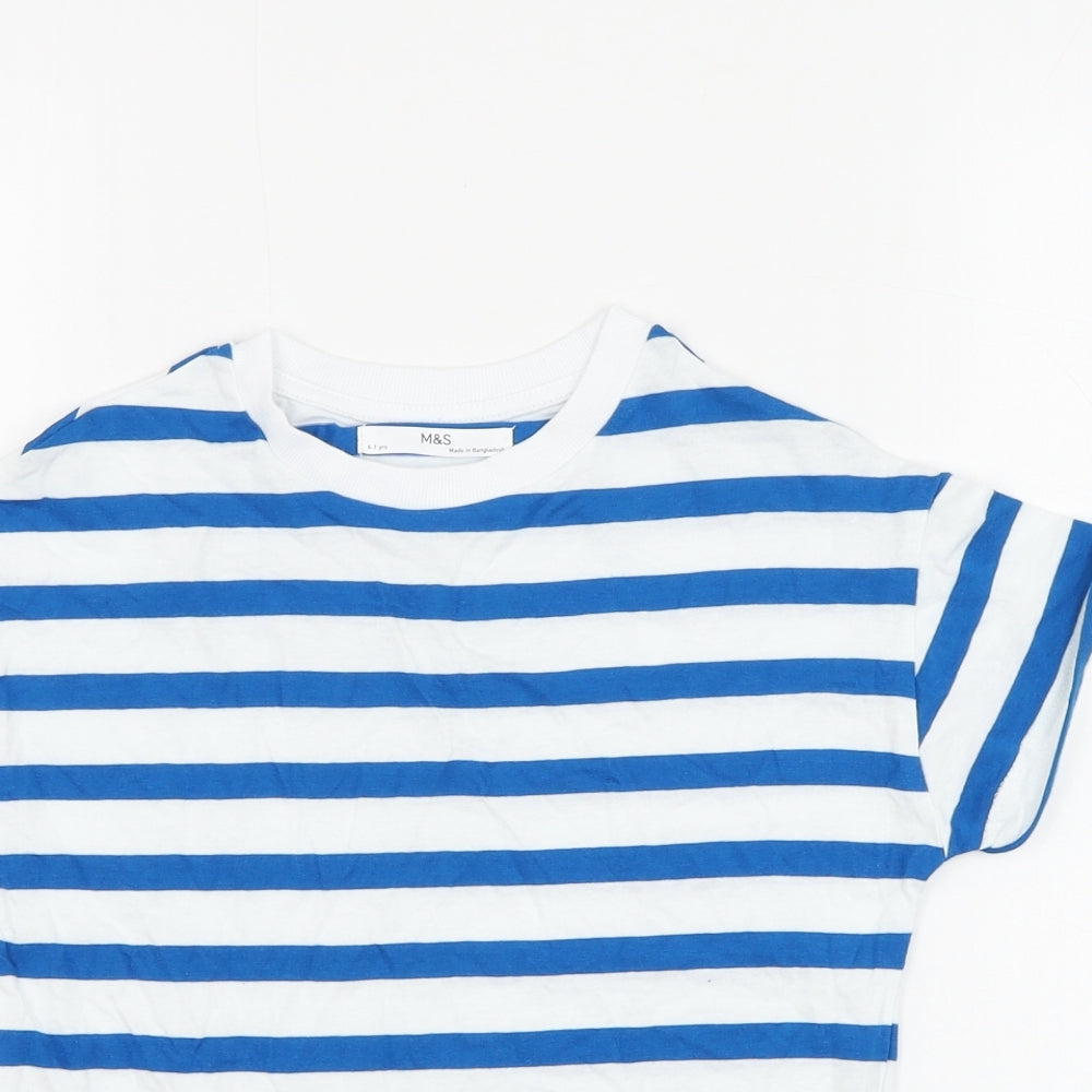 Marks and Spencer Boys White Striped Cotton Basic T-Shirt Size 6-7 Years Round Neck Pullover