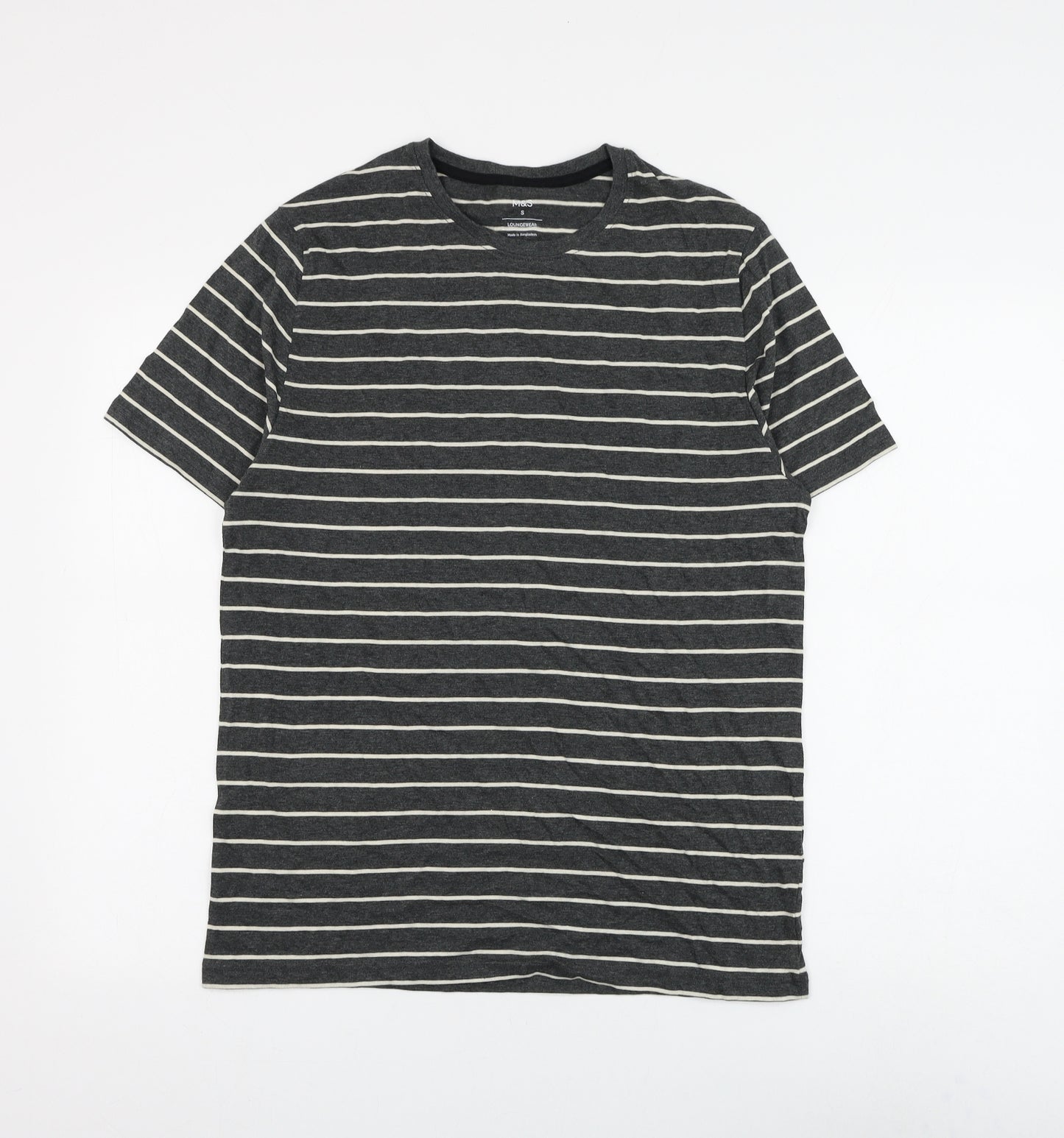 Marks and Spencer Mens Grey Striped Polyester T-Shirt Size S Round Neck
