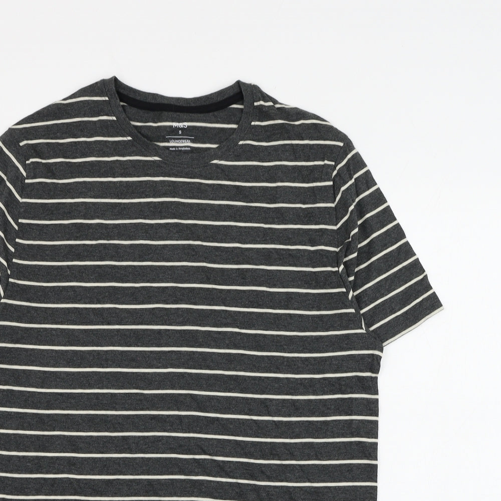 Marks and Spencer Mens Grey Striped Polyester T-Shirt Size S Round Neck