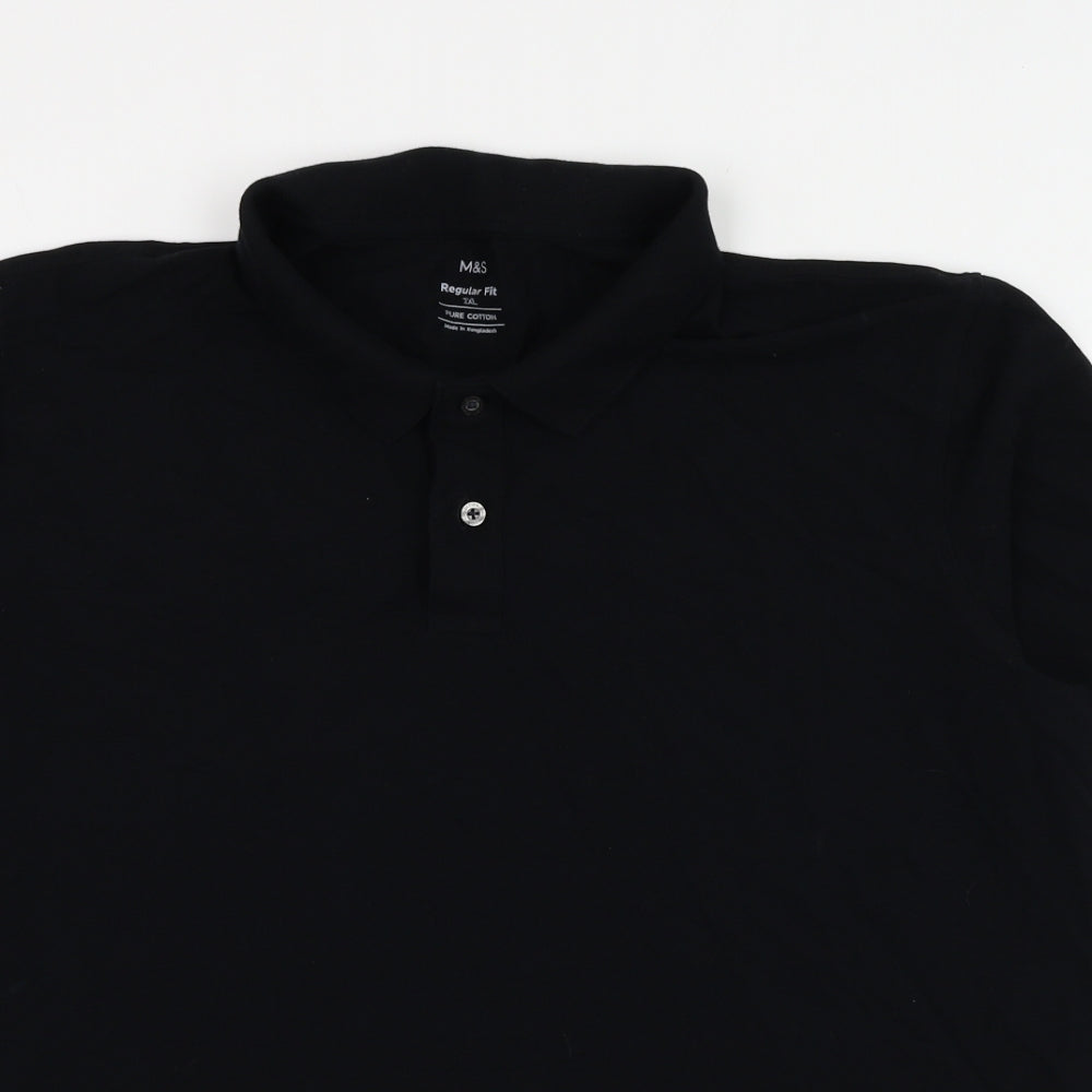 Marks and Spencer Mens Black Cotton Polo Size 2XL Collared Button
