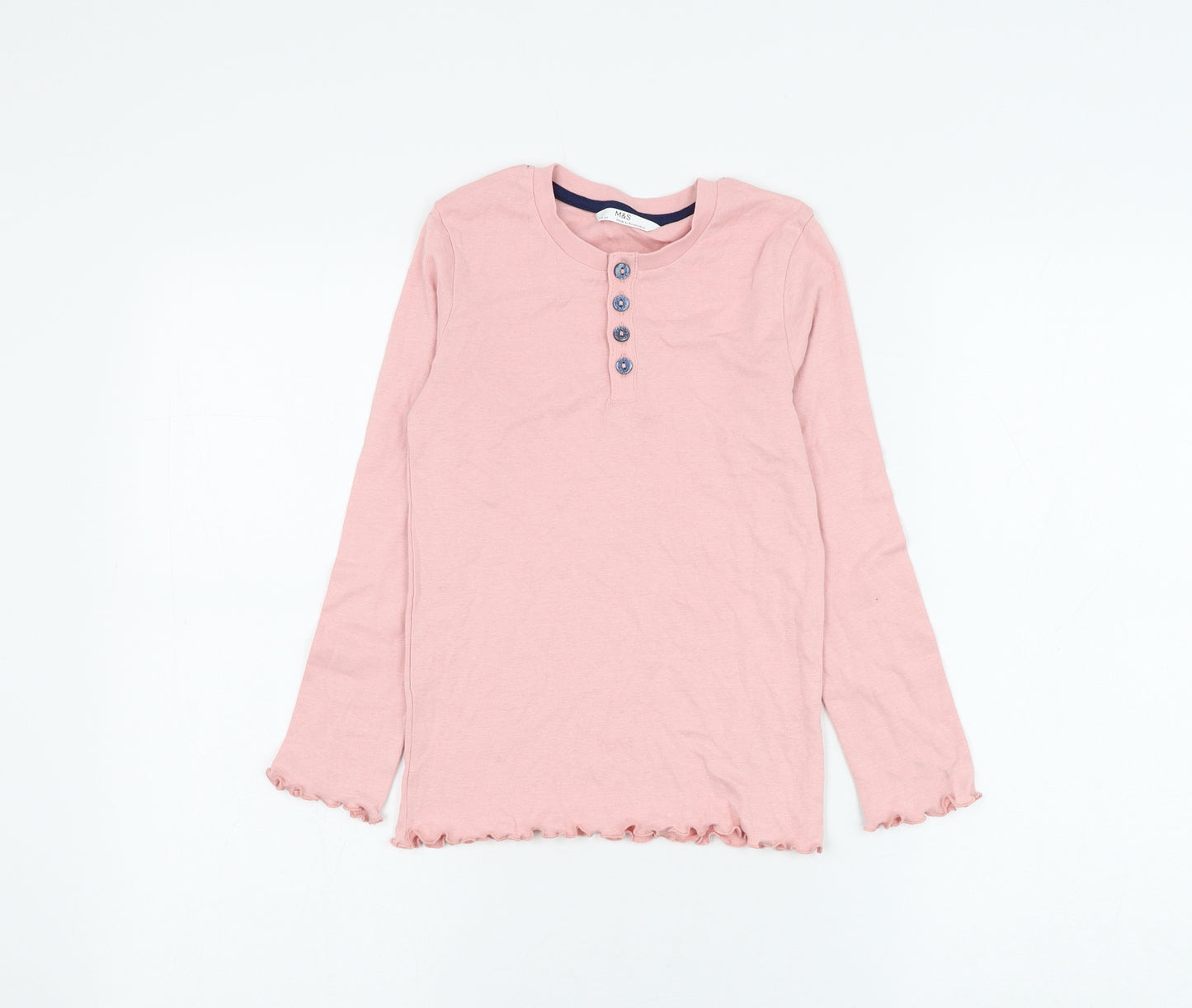 Marks and Spencer Girls Pink Cotton Basic T-Shirt Size 7-8 Years Round Neck Button - Lettuce Hem
