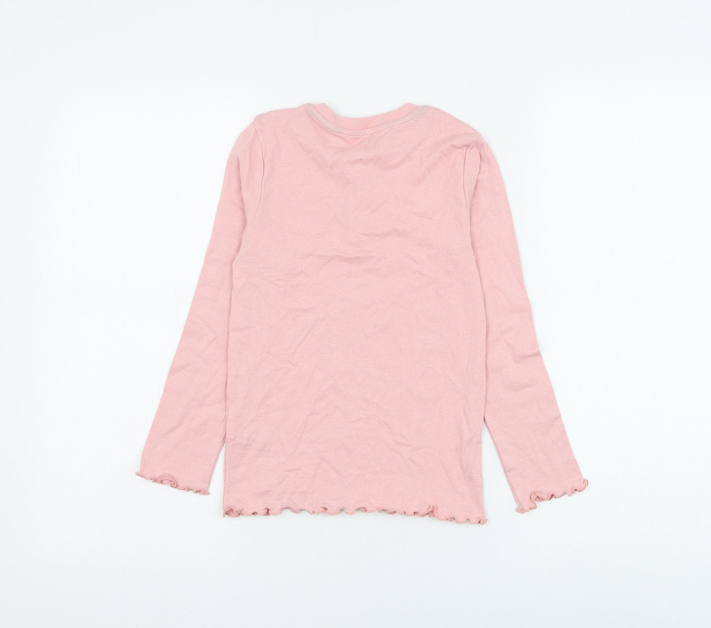 Marks and Spencer Girls Pink Cotton Basic T-Shirt Size 7-8 Years Round Neck Button - Lettuce Hem
