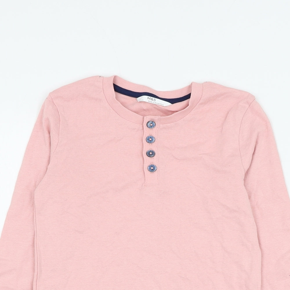 Marks and Spencer Girls Pink Cotton Basic T-Shirt Size 7-8 Years Round Neck Button - Lettuce Hem