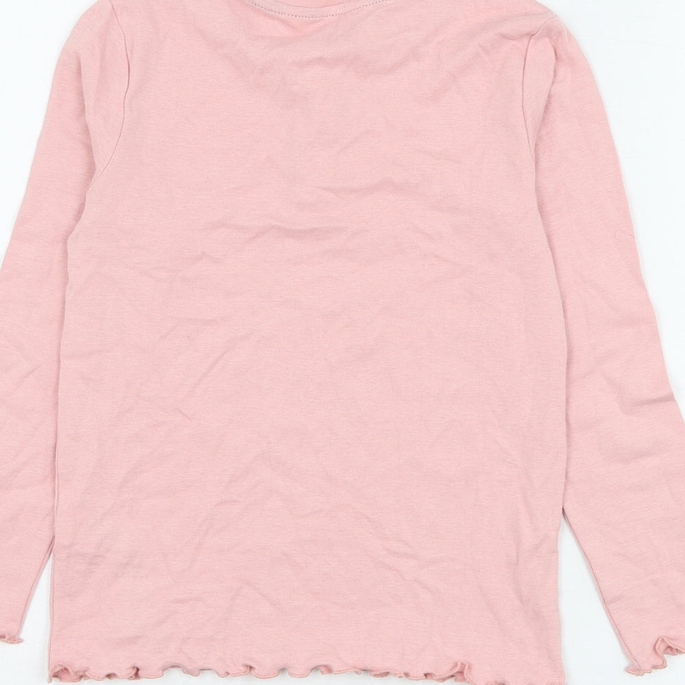 Marks and Spencer Girls Pink Cotton Basic T-Shirt Size 7-8 Years Round Neck Button - Lettuce Hem