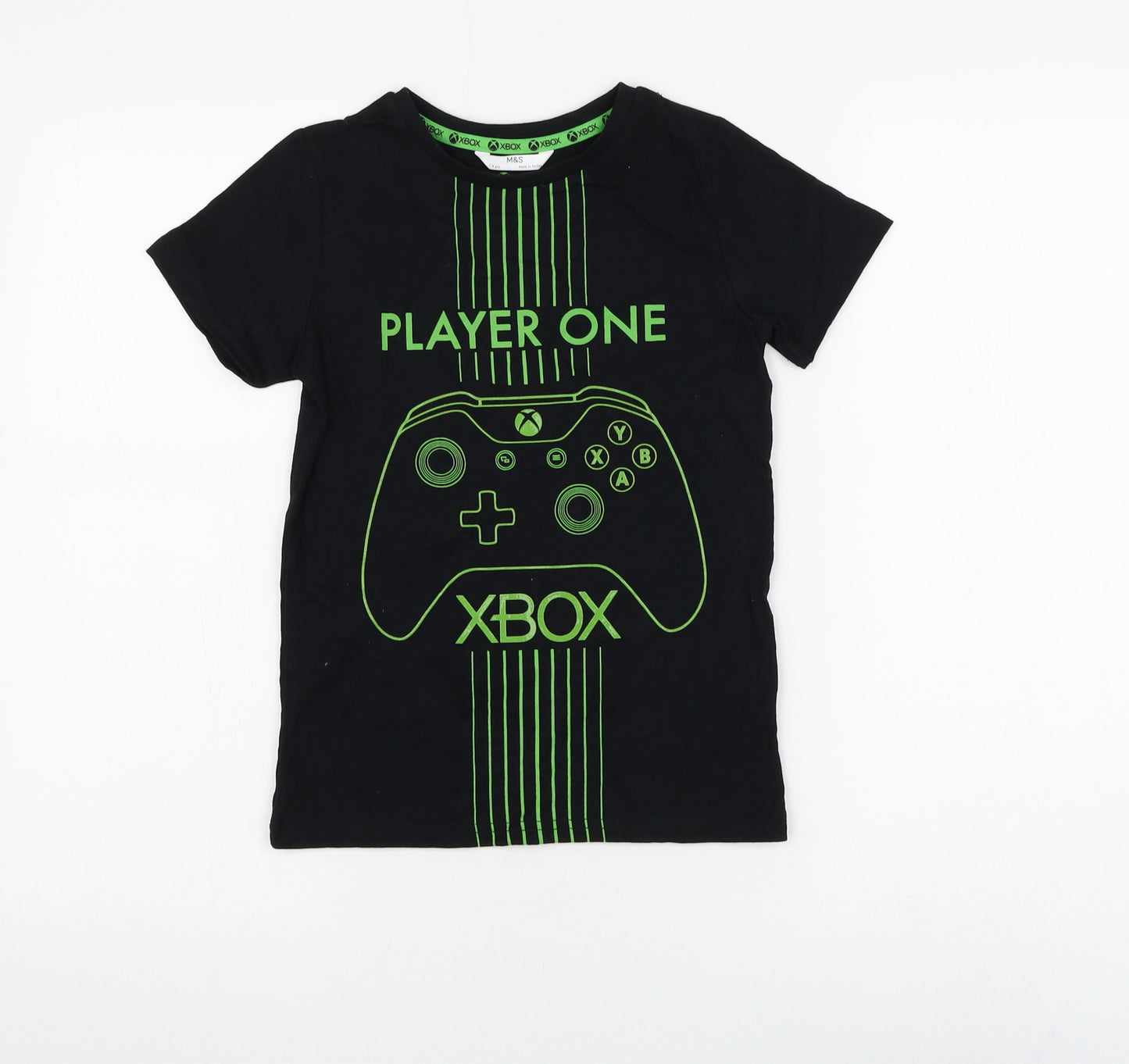 Marks and Spencer Boys Black Cotton Basic T-Shirt Size 7-8 Years Round Neck Pullover - XBOX