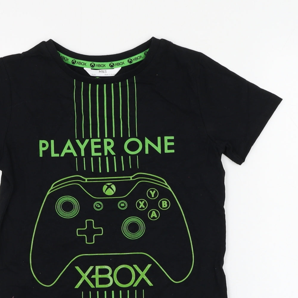 Marks and Spencer Boys Black Cotton Basic T-Shirt Size 7-8 Years Round Neck Pullover - XBOX