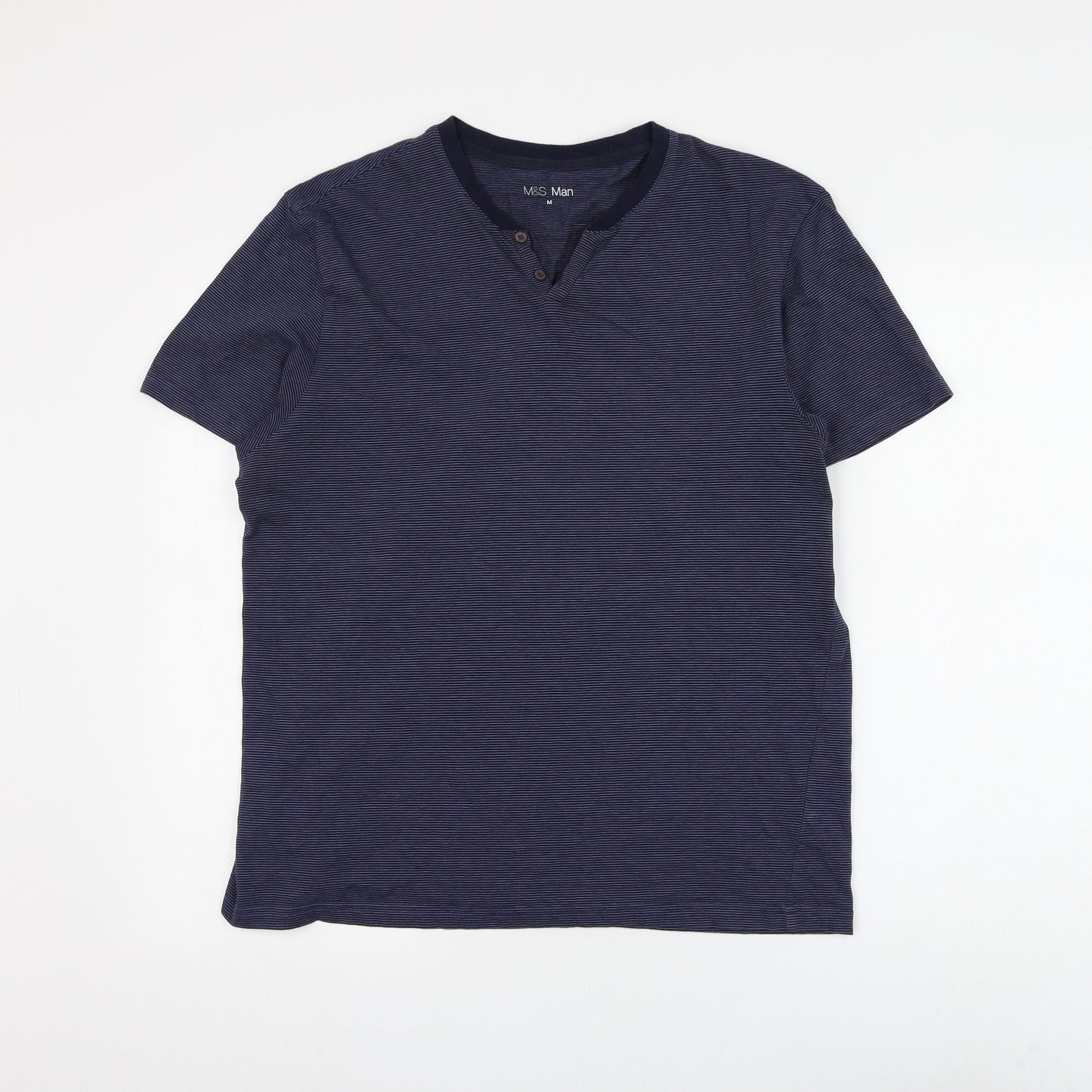 Marks and Spencer Mens Blue Striped Cotton T-Shirt Size M V-Neck