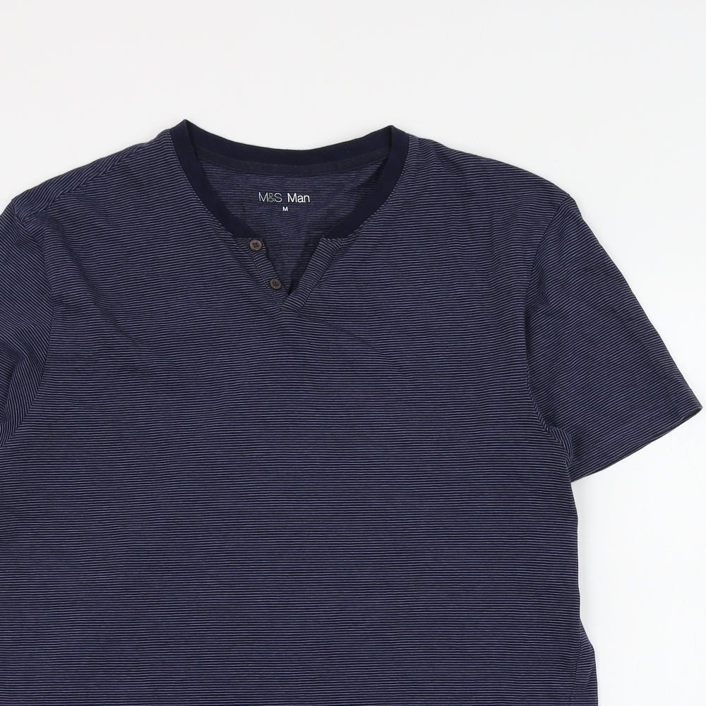 Marks and Spencer Mens Blue Striped Cotton T-Shirt Size M V-Neck