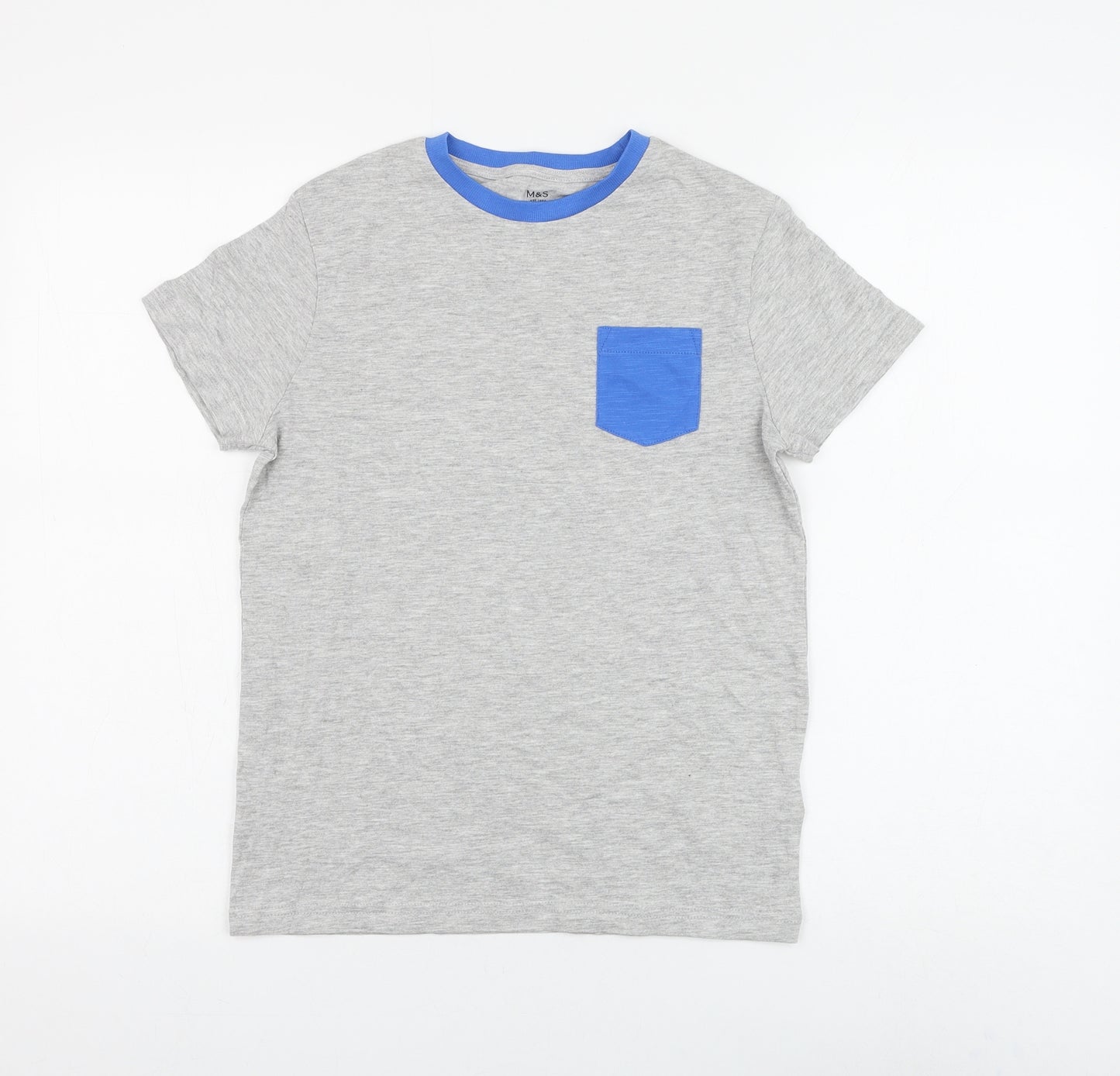 Marks and Spencer Boys Grey Cotton Basic T-Shirt Size 10-11 Years Round Neck Pullover