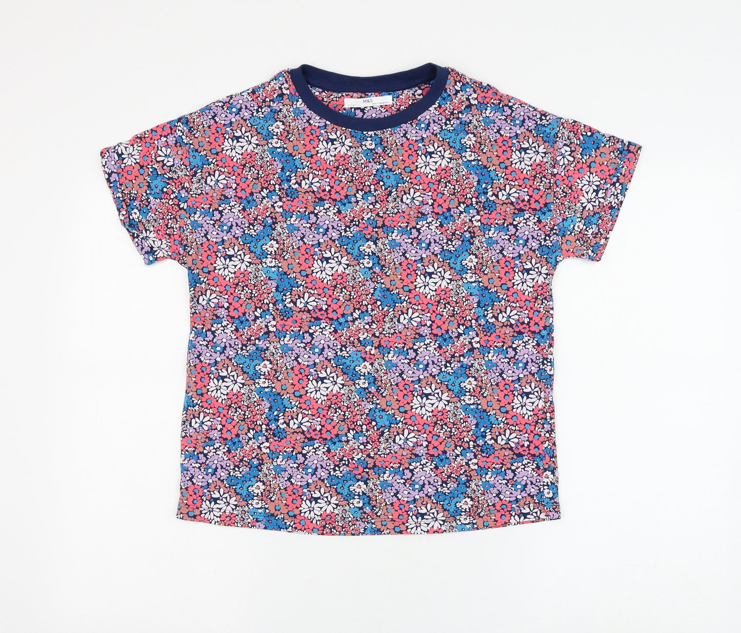 Marks and Spencer Girls Blue Floral Cotton Basic T-Shirt Size 12-13 Years Round Neck Pullover