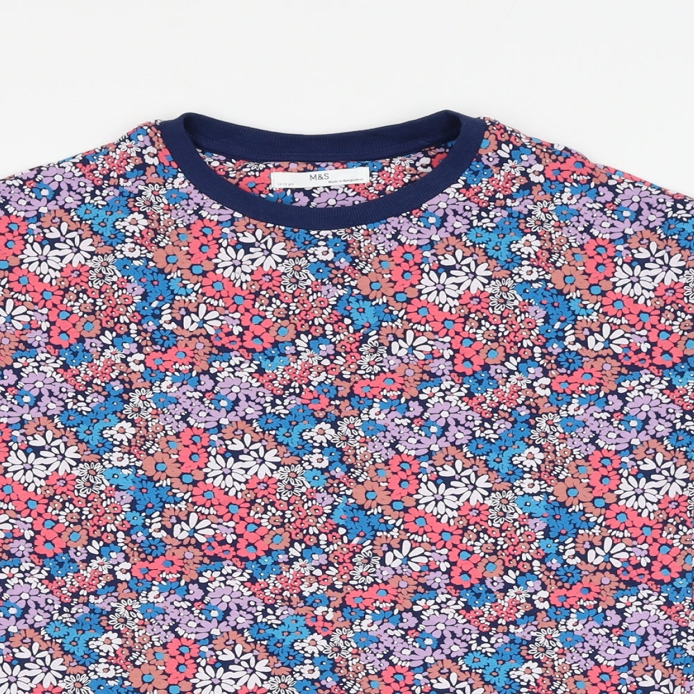 Marks and Spencer Girls Blue Floral Cotton Basic T-Shirt Size 12-13 Years Round Neck Pullover
