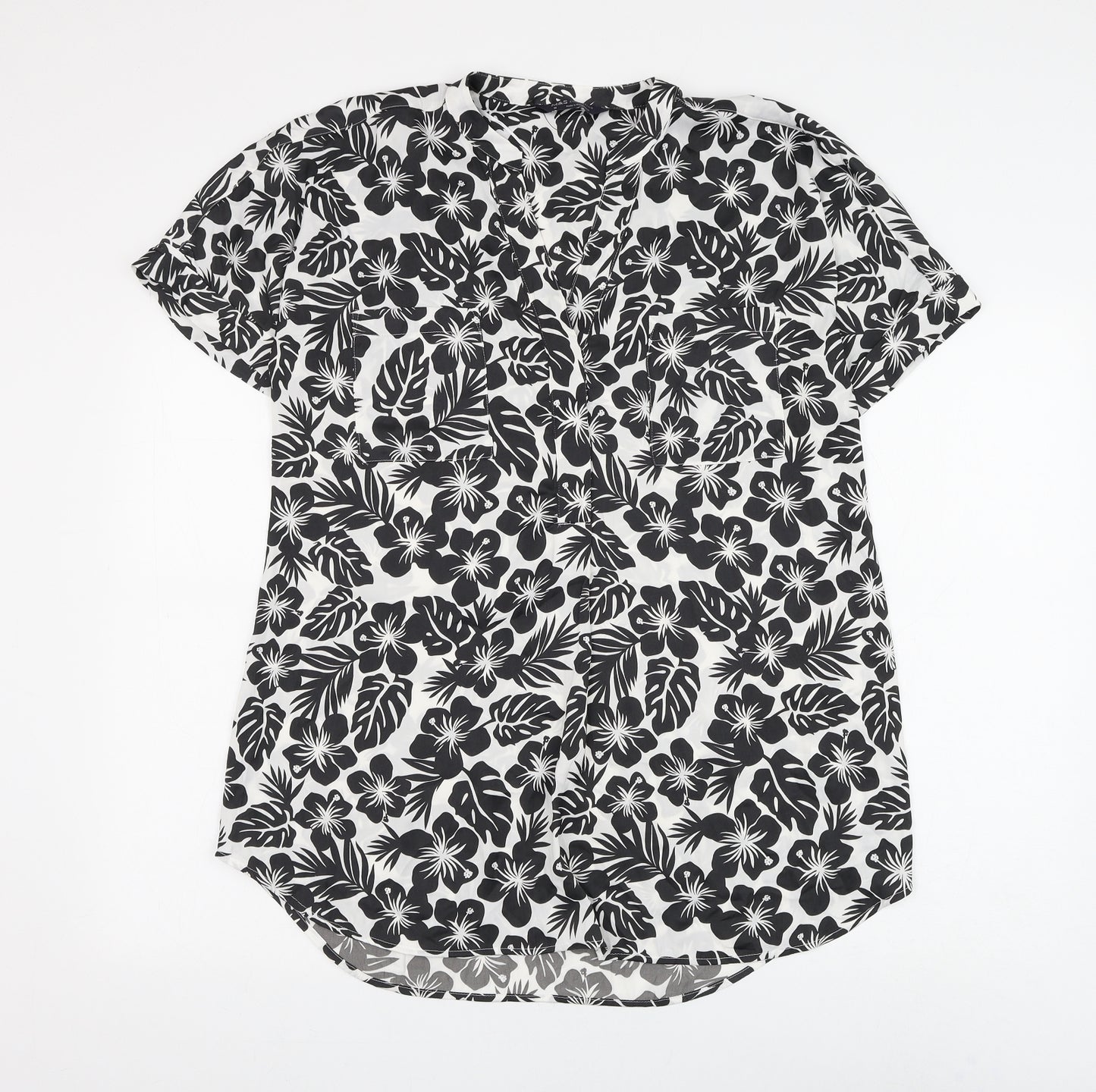 Marks and Spencer Womens White Floral Polyester Basic Blouse Size 10 V-Neck - Leaf Print