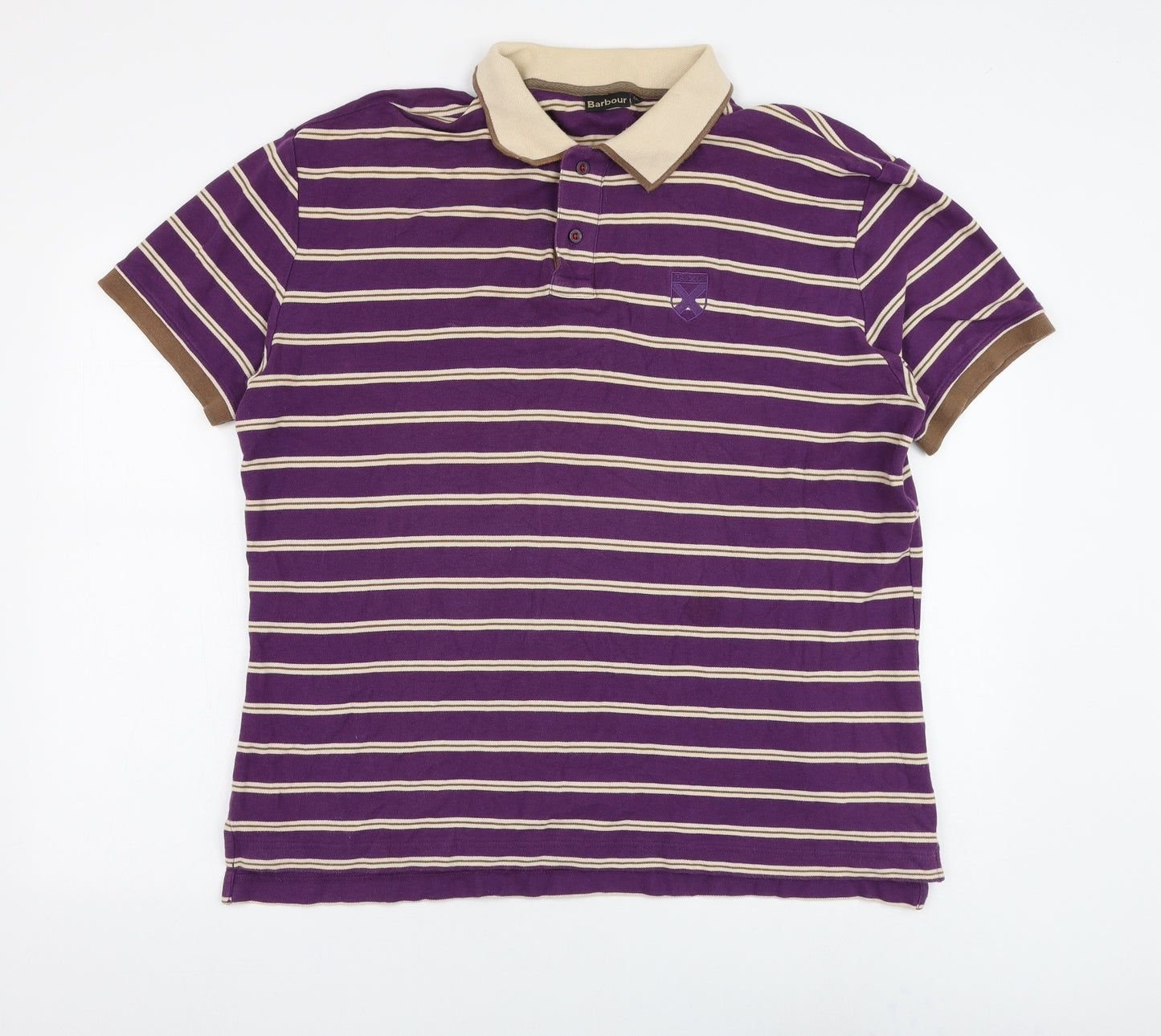 Barbour Mens Purple Striped Cotton Polo Size 2XL Collared Button